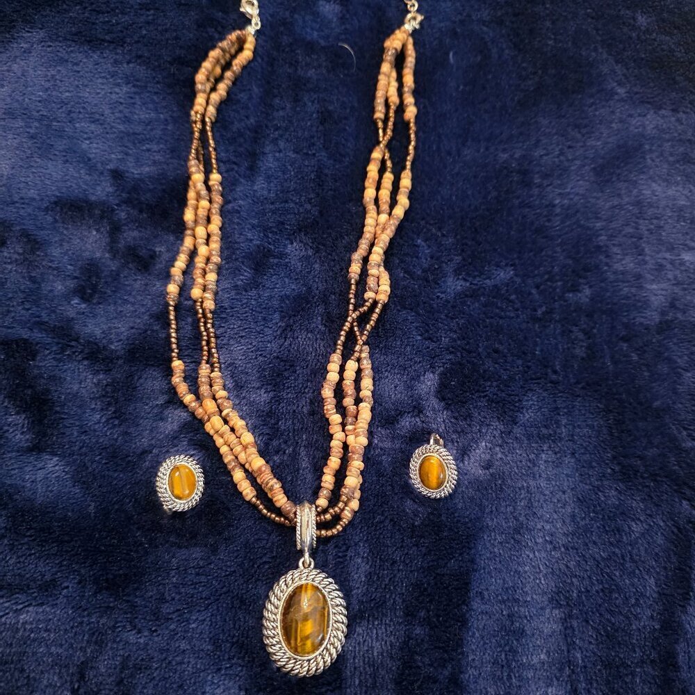 Vintage Avon Tiger's Eye Natural Beads Pendant & Earring Set - Picture 3 of 6